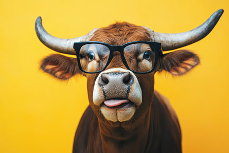 Whimsical bull character with exaggerated glasses and surprised look, placed on a colorful background for humorous visual effect.の素材
