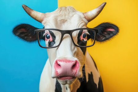 Farm cow with a shocked face expression and trendy glasses on a bold background, showcasing humor and creative illustration style.の素材
