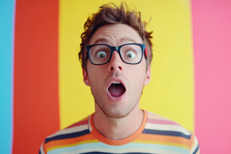 Young man with glasses showing surprised face on a vivid background, expressing emotion, fun, and playful shock.の素材