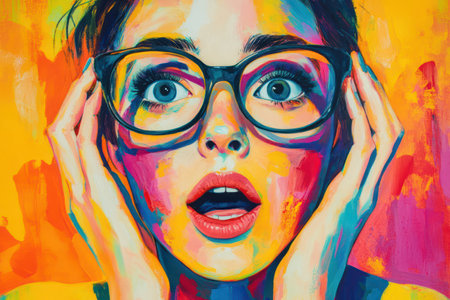 Young woman in glasses with an amazed face, standing against a colorful backdrop, radiating style, emotion, and energy.の素材