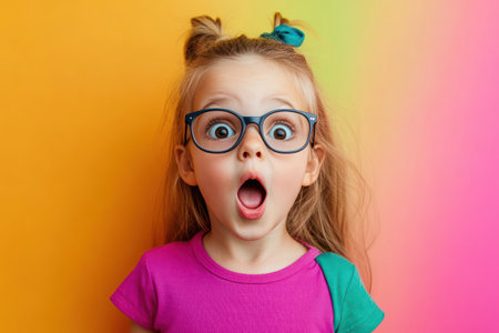 Excited and surprised young girl with big glasses looking amazed, shot against a bright and cheerful background for playful tone.の素材