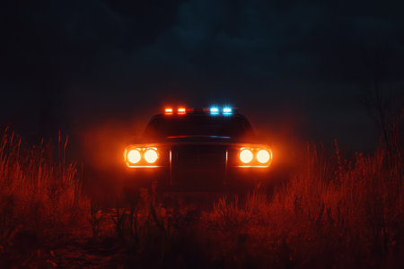 Red and blue emergency strobe lights of police car at night, symbolizing law enforcement, danger, and public safety.の素材