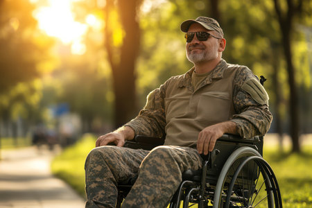 Confident disabled military man in uniform smiling in wheelchair, enjoying bright outdoor space, symbol of strength and positivity.の素材