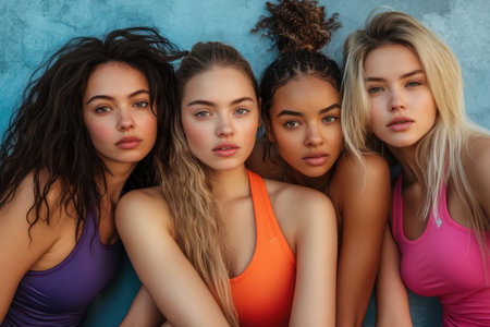 Studio shot of smiling women in sportswear, celebrating wellness, body positivity, and active fitness lifestyles together.の素材