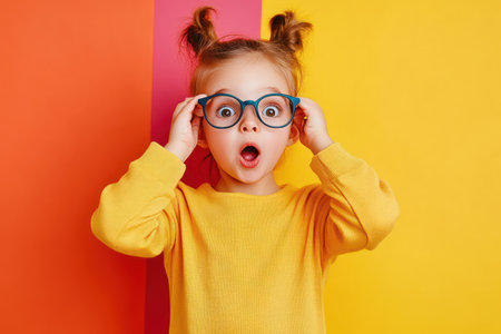 Excited and surprised young girl with big glasses looking amazed, shot against a bright and cheerful background for playful tone.の素材
