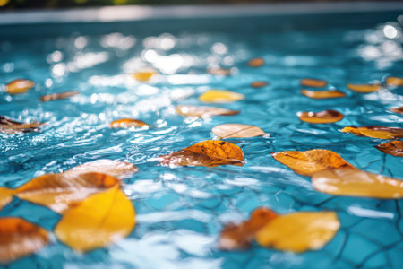 Swimming pool being cleaned from fallen leaves using net skimmer, representing outdoor maintenance, hygiene, and pool care routine.の素材