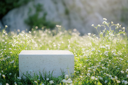 Marble platform standing on fresh green meadow with floral elements, ready for cosmetic, product or branding mockup use.の素材