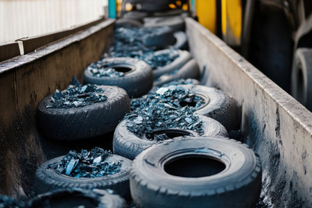 Industrial tire recycling facility where crushed rubber is processed and moved via conveyor for eco-friendly disposal and reuse.の素材
