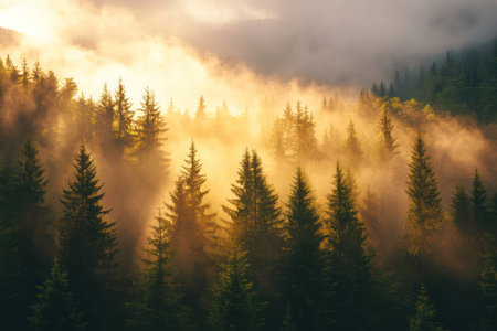 Misty forested mountain landscape bathed in soft sunset light, evoking peace, nature, and mystery.の素材