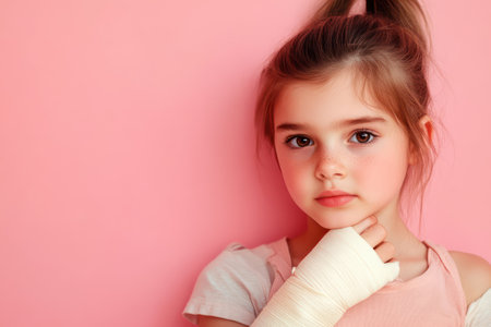 Cheerful young girl in white cast, posing against vibrant background, representing recovery and childhood positivity.の素材
