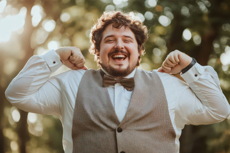 Happy plus-size man smiling while trying wedding costume, representing self-confidence, celebration, and joyful wedding preparation.の素材