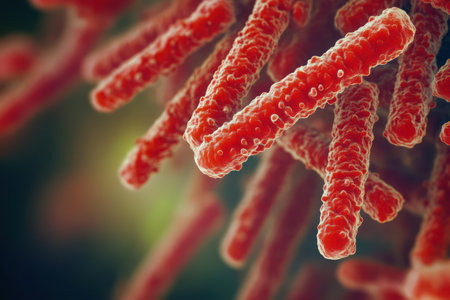 Close-up illustration of rod-shaped red bacteria with detailed surface texture under high magnification, blurred background.の素材