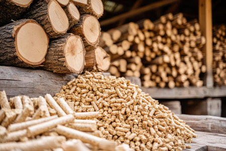 Pile of compacted wood pellets beside wood logs, used as clean biomass energy source for eco-friendly heating and fuel alternatives.の素材
