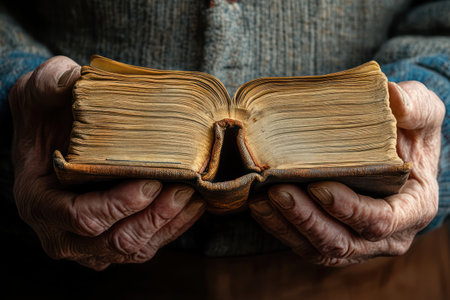 Close-up of elderly hands holding a Bible with soft lighting in a dark space, symbolizing faith, wisdom, and devotion.の素材