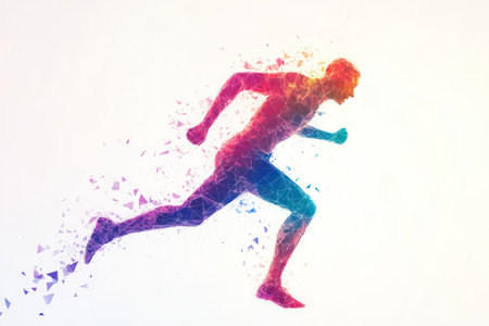 Abstract polygon person in motion with colorful splash trail on white background, symbolizing energy, action, and creative sport style.の素材