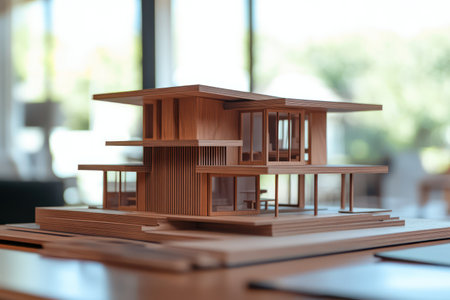 Small wooden house placed on tabletop symbolizing property, homeownership, real estate, planning, or building dreams.の素材