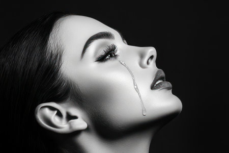 Moody monochrome photo of a woman with visible tear, looking down with sadness. Strong emotion, sorrow, and vulnerability.の素材