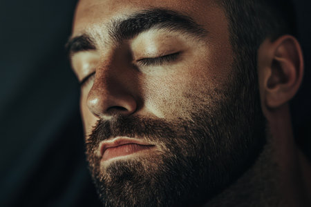 Close-up of man with short hair and beard, eyes gently shut, reflecting peace, mindfulness, or emotional depth.の素材