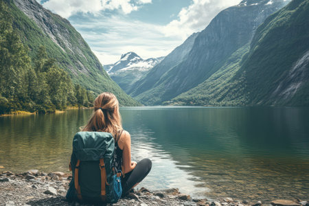 Young woman traveler sitting peacefully by fjord, surrounded by calm water, forest, and mountains, enjoying solitude and beauty.の素材