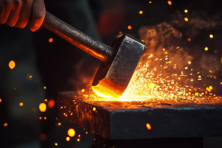 Traditional metalworker forging glowing steel on an anvil, with flying sparks in fiery atmosphere. A scene of craft, heat, and industrial heritage.の素材