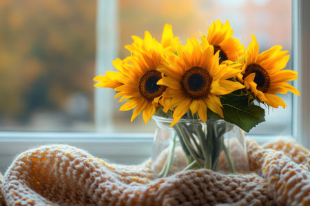 Sunny yellow sunflowers in transparent vase placed on knitted blanket, with soft light and window blur in cozy home setting.の素材