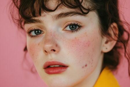 Close-up portrait of a woman with visible acne and sad expression, showing raw skin texture, real beauty and skincare concerns.の素材