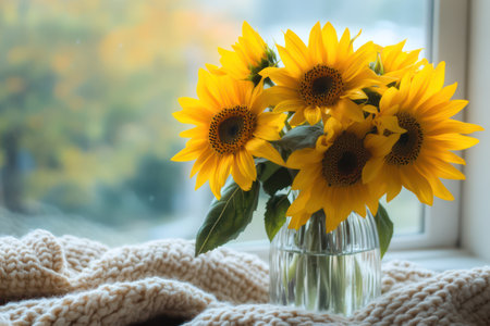 Sunny yellow sunflowers in transparent vase placed on knitted blanket, with soft light and window blur in cozy home setting.の素材