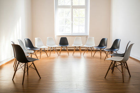 Bright white room with wooden floor and chairs arranged in a circle, representing discussion, therapy, meetings, or support group.の素材