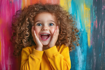 Happy young child with curly hair holding face in joyful surprise against a creative school chalkboard backdrop.の素材
