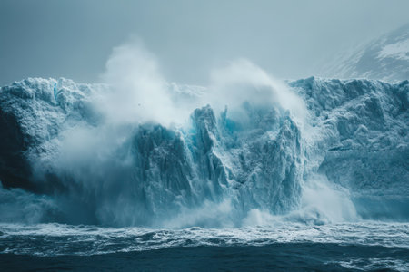 Close-up of iceberg calving event, showing dramatic splash, mist and deep blue water, symbolizing melting ice and global warming impact.の素材