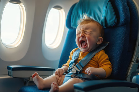 Small child seated in blue aircraft seat, crying with visible emotion, representing common challenges of flying with infants.の素材