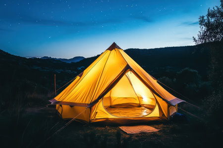 Cozy tent lit from inside, glowing warmly beneath stars and Milky Way with majestic mountains creating a breathtaking camping scene.の素材