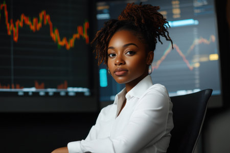 Focused female professional seated in workspace, symbolizing success, investment, analytics, and career growth in modern business.の素材