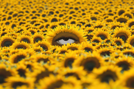 Radiant field full of sunflowers stretching under warm sunlight, symbolizing joy, summer, energy, and the beauty of nature.の素材
