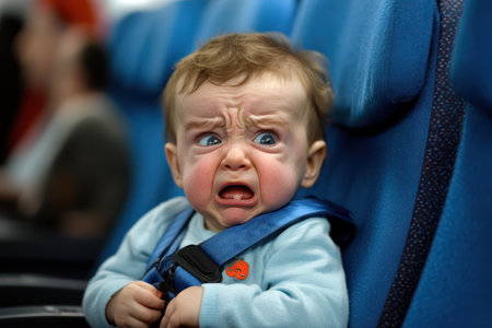 Small child seated in blue aircraft seat, crying with visible emotion, representing common challenges of flying with infants.の素材