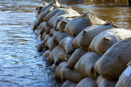 Detailed view of sandbag barrier by river to prevent flooding, symbolizing resilience, disaster preparedness and climate change response.の素材