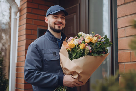 Delivery person in uniform presents fresh bouquet at doorstep, symbolizing gift delivery via smartphone app services.の素材