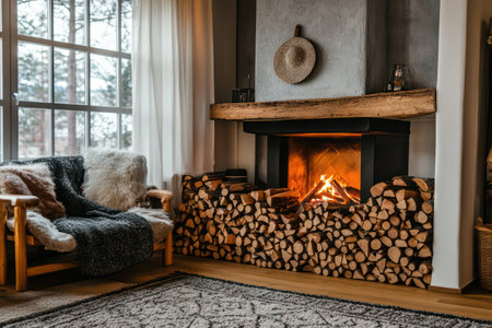 Warm, inviting living space featuring a glowing fireplace and stack of firewood, perfect for comfort, winter, and relaxation themes.の素材