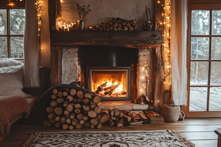 Warm, inviting living space featuring a glowing fireplace and stack of firewood, perfect for comfort, winter, and relaxation themes.の素材