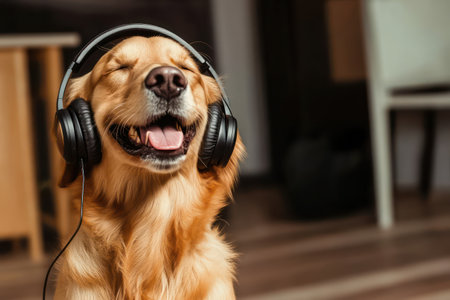Relaxed retriever listens to music wearing headphones, symbolizing peace, personality, and pet joy.の素材