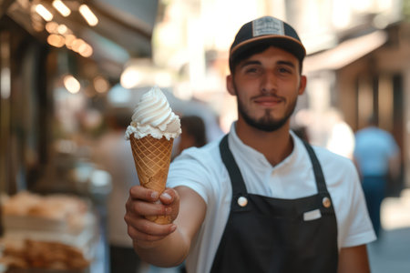 Ice cream vendor in van offers cone with friendly gesture and cheerful expression, embodying hospitality and sweetness.の素材
