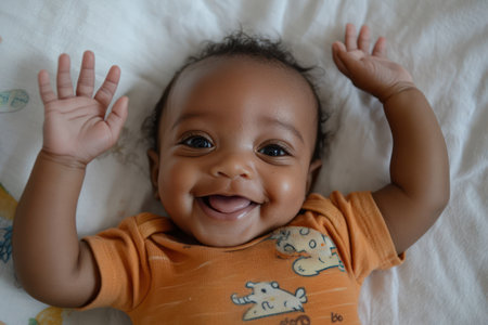 Adorable baby waves happily from white bedding, radiating innocence, joy, and early childhood comfort.の素材