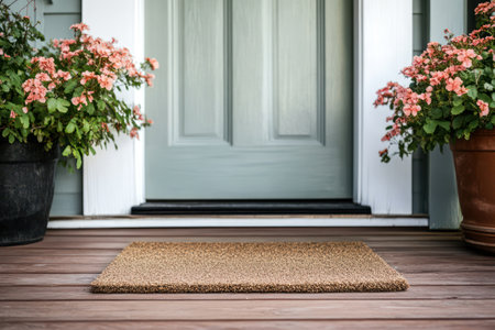Simple brown doormat placed outside a beautiful home's front door, symbolizing hospitality, cleanliness, and home life.の素材