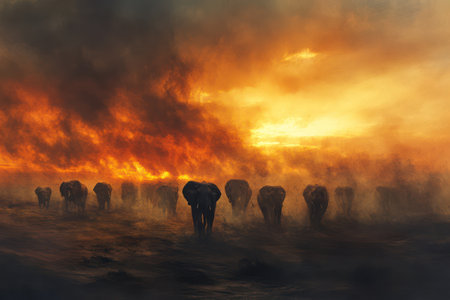 A majestic group of elephants marches through golden dust under sunset skies, evoking safari wilderness and raw beauty.の素材