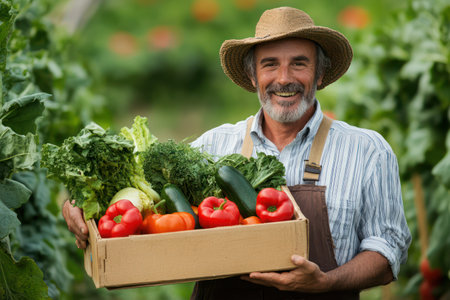 Man in work clothes presents a wooden box of colorful vegetables, symbolizing local farming, organic produce, and harvest pride.の素材