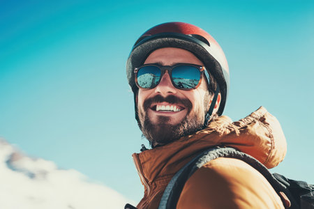 Casual man smiles confidently while wearing helmet and sunglasses, radiating joy and an adventurous spirit in the sunshine.の素材