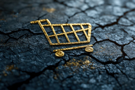 A metallic golden shopping cart bursts from a fractured dark background, representing the rise of online retail and digital commerce.の素材