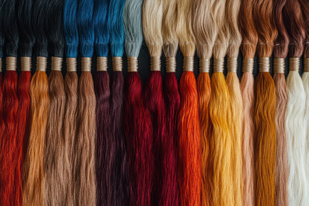 Neatly arranged hair color swatches showing various tones and shades, ideal for hair dye charts, salons, or cosmetic displays.の素材