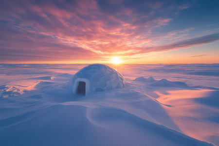 An igloo stands alone under a glowing sky, surrounded by snow as the setting sun creates a magical winter ambiance.の素材