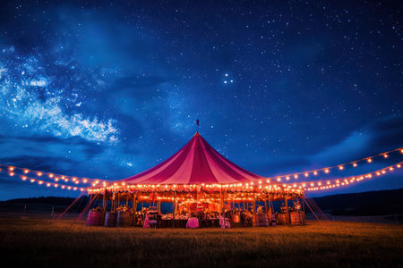 Colorful circus tent illuminated at night beneath a clear starry sky, creating an enchanting and festive atmosphere perfect for celebrations.の素材